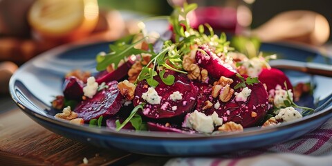 Beetroot and goat cheese salad, walnut topping, close-up, deep purples, warm kitchen glow 