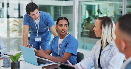 Doctor, nurse and teamwork on laptop for meeting with clinical trial woman or leader listening to...