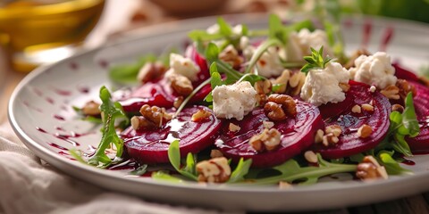 Beetroot and goat cheese salad, walnut topping, close-up, deep purples, warm kitchen glow - - obrazy, fototapety, plakaty