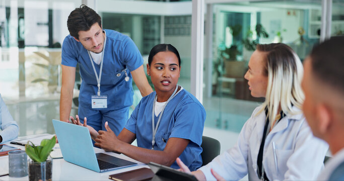 Doctor, nurse and teamwork on laptop for meeting with clinical trial woman or leader listening to research results. Medical staff and students on computer talk of ideas, solution or vaccine progress