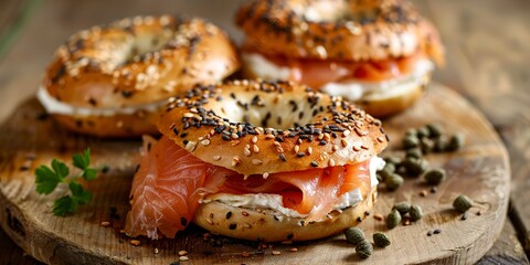 Obraz na płótnie Canvas Smoked salmon bagel, cream cheese, close view, capers on top, soft daylight