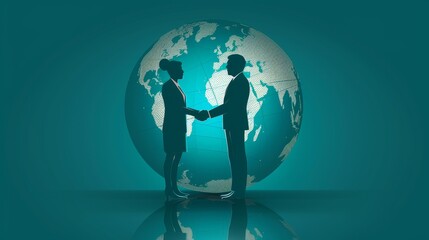 Global Business: A 3D vector illustration of a businessman and businesswoman shaking hands in front of a large globe
