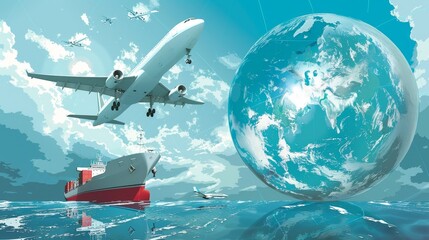 Naklejka premium Global Business: A 3D vector illustration of a cargo ship and airplanes transporting goods around the world
