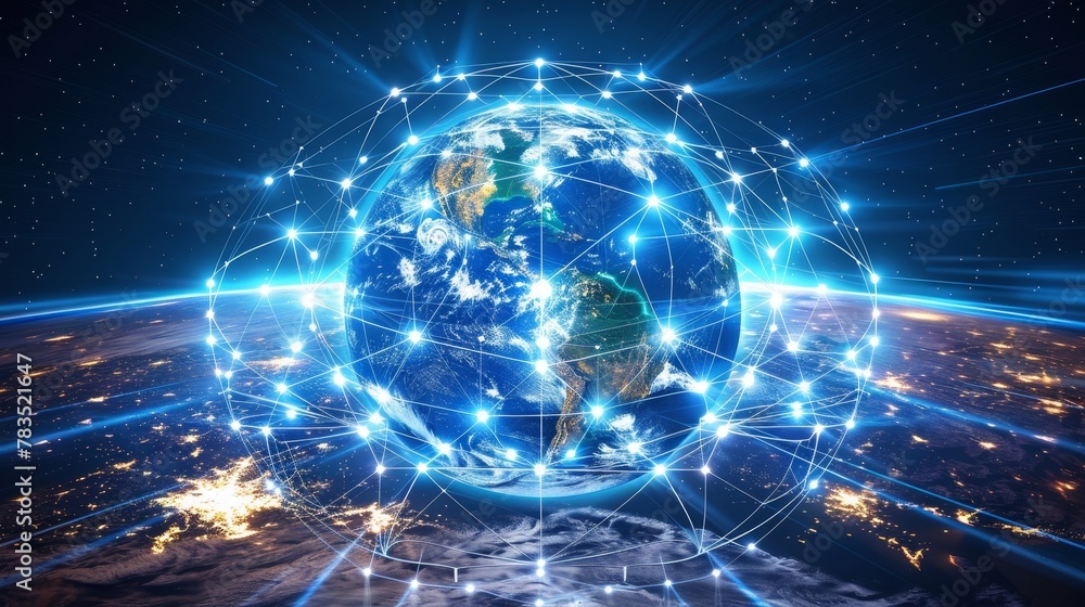 Poster global connectivity: a 3d vector illustration of a globe surrounded by digital network lines connect