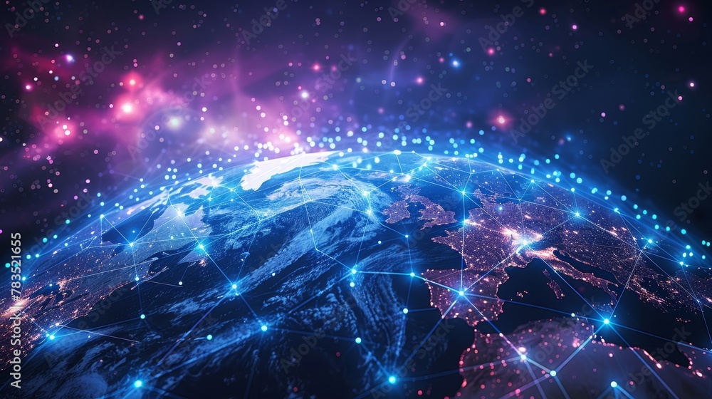 Poster global connectivity: a 3d vector illustration of a globe with digital network lines connecting