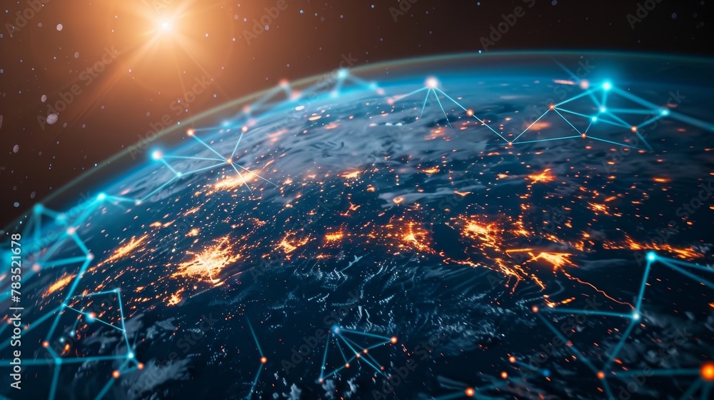 Poster global connectivity: a 3d vector illustration of a globe with digital network lines connecting conti