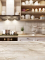 Kitchen backdrop, product shot, wooden table top in foreground with blurred kitchen items in background, vertical