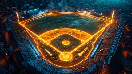 Glowing Neon Baseball: A 3D vector illustration of a baseball field illuminated by neon yellow and orange - obrazy, fototapety, plakaty