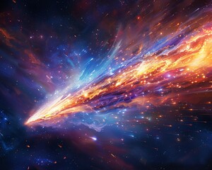 Comet slicing through space, trailing meteors, vibrant energy bursts, intense glow, dynamic angle