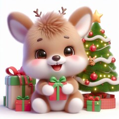 a cute kangaroo with Christmas tree and gifts , funny, happy, smile, white background