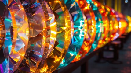 A row of stunning abstract light sculptures each powered by biodiesel and adding a vibrant and ecoconscious touch to an otherwise industrial setting. . - obrazy, fototapety, plakaty