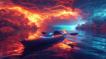 Glowing Neon Kayaking: A 3D vector illustration of a kayak floating on a glowing neon ocean - obrazy, fototapety, plakaty