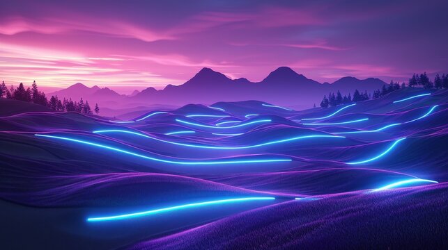 Glowing neon golf: A 3D vector illustration of a neon blue and purple