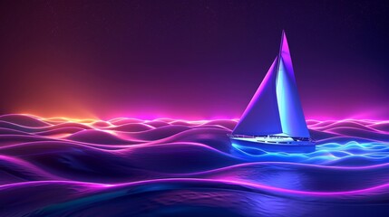 Glowing Neon Sailing: A 3D vector illustration of a sailboat with neon sails - obrazy, fototapety, plakaty