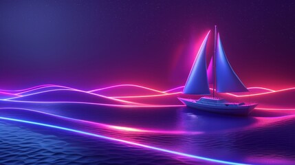 Glowing Neon Sailing: A 3D vector illustration of a sailboat with neon sails