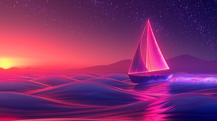 Glowing Neon Sailing: A 3D vector illustration of a sailboat with glowing neon sails