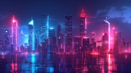 Obraz premium Glowing Neon Surfing: A 3D vector illustration of a city skyline at night