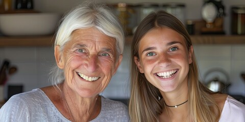 portrait of an elderly woman and her attractive young daughter smiling at the camera, generative AI - obrazy, fototapety, plakaty