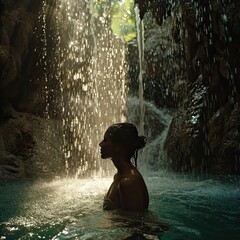 a girl swims at a waterfall in sunny weather
