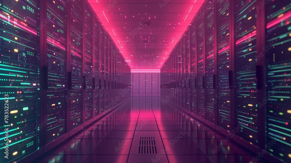 Poster internet infrastructure: a 3d vector illustration of a server room filled with racks of servers and 