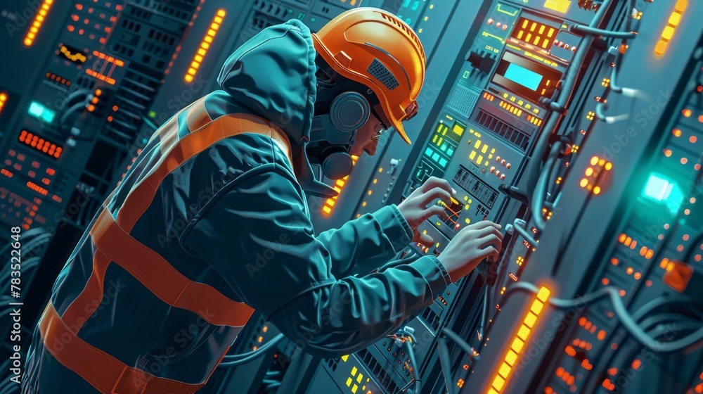 Poster internet infrastructure: a 3d vector illustration of a technician installing a network switch in a d