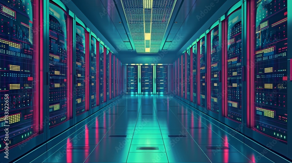 Poster internet infrastructure: a 3d vector illustration of a data center with rows of servers and cooling 