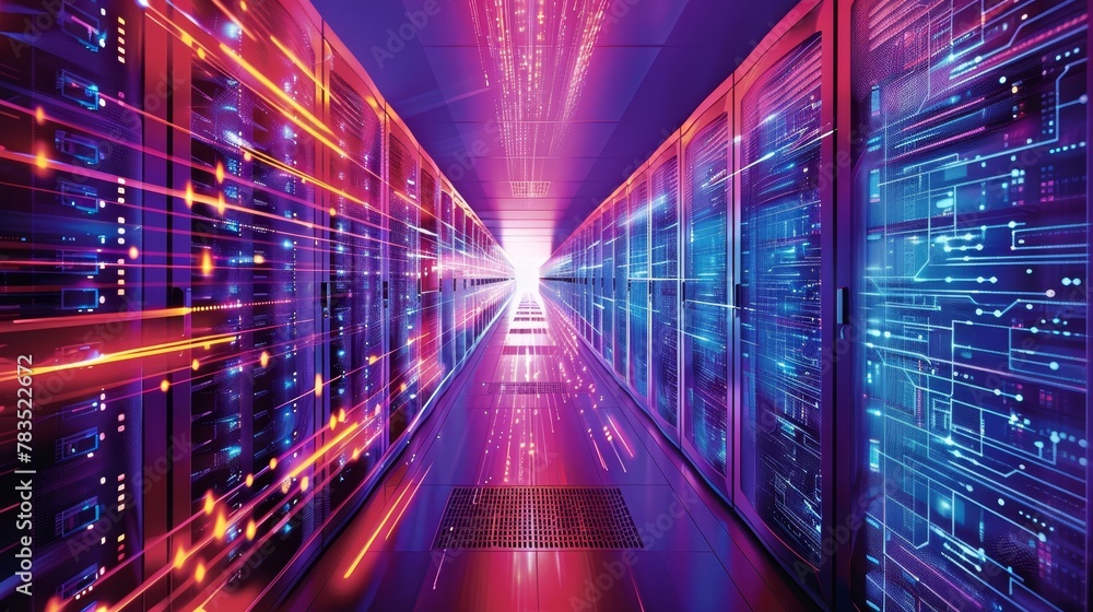 Poster internet infrastructure: a 3d vector illustration of a data center with servers and networking equip