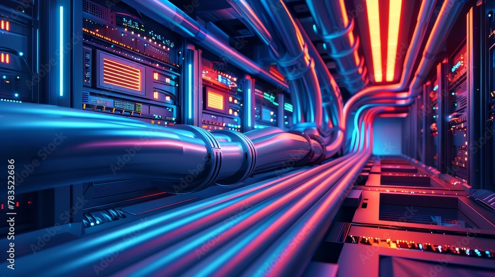 Poster internet infrastructure: a 3d vector illustration of network cables neatly organized in a data cente