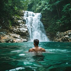 Fototapeta na wymiar a man swims at a tropical waterfall in sunny weather