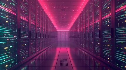 Internet Infrastructure: A 3D vector illustration of a server room filled with racks of servers and blinking lights,
