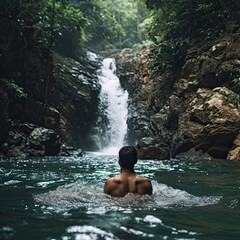 a man swims at a tropical waterfall in sunny weather