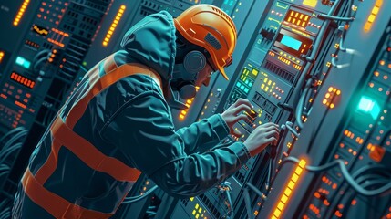 Internet Infrastructure: A 3D vector illustration of a technician installing a network switch in a data center