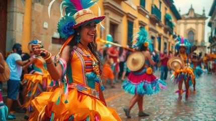 Obraz premium Cultural festivity colorful street parade with traditional dancers and musicians.