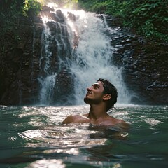 a man swims at a tropical waterfall in sunny weather