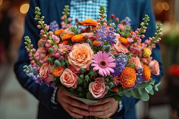 man in a business suit with a bouquet of flowers in the street, holiday, March eighth, wedding.