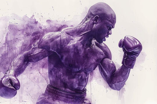 Purple watercolor painting of Male boxer athlete, Sport, competition