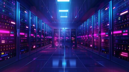 Telecommunications: A 3D vector illustration of a network server room with racks of servers - obrazy, fototapety, plakaty