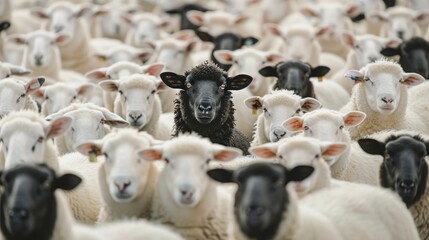 Fototapeta premium A black sheep among a flock of white sheep, raising head as a leader