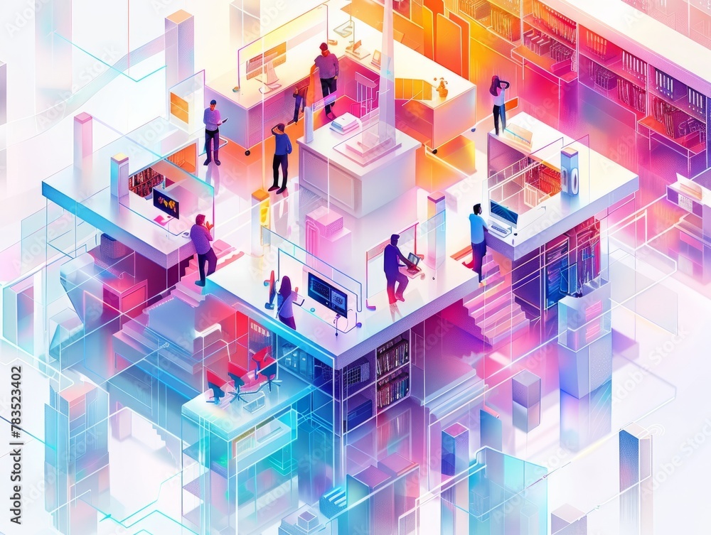 Poster an abstract representation of a white-collar workplace transformed by generative ai, depicting the s