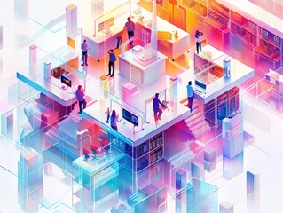 An abstract representation of a white-collar workplace transformed by generative AI, depicting the seamless integration of technology and human effort 