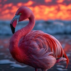 Flamingos at a beautiful sunset by the sea