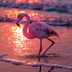 Flamingos at a beautiful sunset by the sea