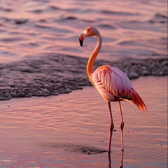 Flamingos at a beautiful sunset by the sea