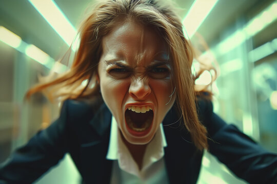 Furious female boss expressing intense anger in the office hallway