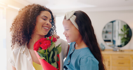 Girl, child and flowers for mothers day in home with surprise, gift and hug with bonding, love and...