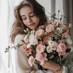 A beautiful girl holds a bouquet of flowers, the eighth of March.