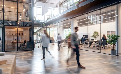 Busy office space in a modern interior design, walking past each other, conceptual, created with AI