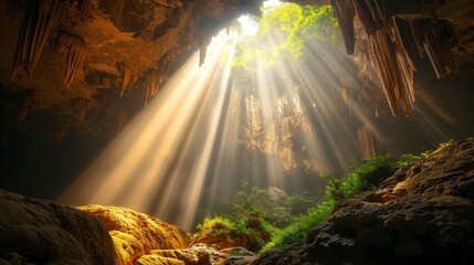 Rays of light pierce the mouth of a cave, illuminating secrets and hinting at valuable property