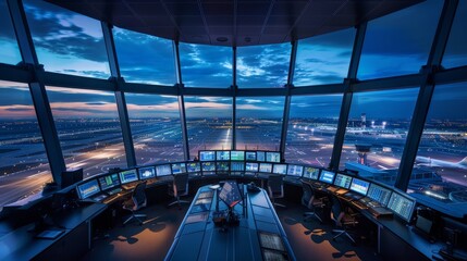 Modern airport tower's nerve center, where diverse air traffic control experts navigate busy skies - obrazy, fototapety, plakaty