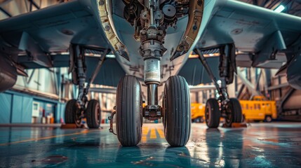 Intimate details of an airplane's landing gear, captured in the mechanical sanctuary of a hangar - obrazy, fototapety, plakaty